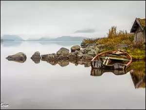 Kamienie, Drewniany, Norwegia, ĹĂłdka, Skjolden, Jezioro Mosvatnet, Dom