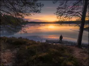Zachód słońca, Norwegia, Drzewa, Jezioro, Ringerike