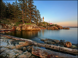 Drzewa, SkaĹy, CieĹnina Strait of Georgia, Kanada, Latarnia morska Point Atkinson, Vancouver