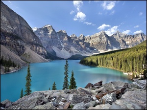 Park Narodowy Banff, Kanada, Jezioro, Drzewa, Góry, Kamienie