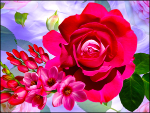 Graficzna czerwona róża z kwiatkami