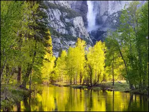 Stany Zjednoczone, Park Narodowy Yosemite, Yosemite Valley, Drzewa, Wodospad, GĂłry, Rzeka, Yosemite Falls, Merced River, Kalifornia