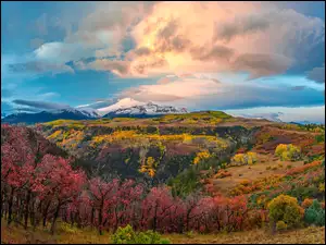 Chmury, Góry, Drzewa, Kolorado, San Juan Mountains, Jesień, Stany Zjednoczone, Las