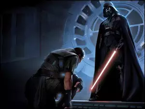 Postać z mieczem obok klękającego mężczyzny w filmie Gwiezdne wojny
