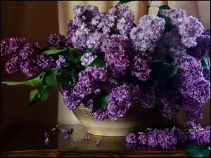Bukiet fioletowego bzu w wazonie na stoliku