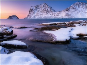 Zima, Morze, OĹnieĹźone, Norwegia, GĂłry, SkaĹy