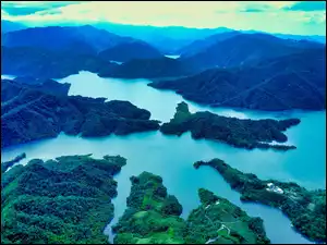 Jezioro Tysiąca Wysp, Góry, Chiny, Jezioro Qiandao Hu, Prowincja Zhiejiang, Lasy, Drzewa