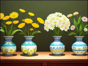 Graficzne kwiaty w wazonach