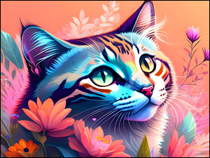 GĹowa, Kot, Kolorowe, Grafika 2D, Oczy, Kwiaty