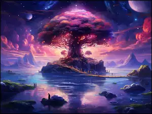 Grafika Fantasy, Wyspa, Gwiazdy, Chmury, Planety, Jezioro, GĂłry, Drzewo, Niebo