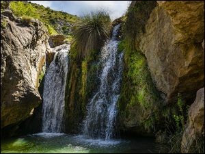 Wodospad, Cascada de Santiuste, Hiszpania, SkaĹy, RoĹliny, Trawy, KÄpka