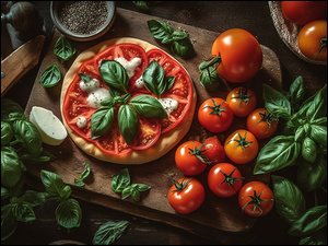 LeĹźÄca na desce pizza obok pomidorĂłw i bazylii