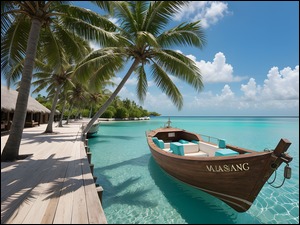 ĹĂłdka obok palm i domkĂłw na pomoĹcie na Malediwach