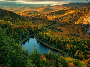 Drzewa, Jesień, Jezioro, Stan Nowy Jork, Lasy, Kolorowe, Stany Zjednoczone, Góry Adirondack
