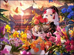 Dziewczyna, Anime, Kwiaty, Zegar, Kolorowe, Motyle