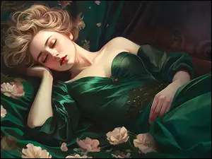 Śpiąca kobieta w zielonej sukni w grafice