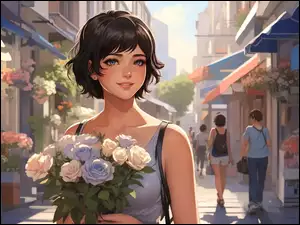 Dziewczyna z różami na ulicy w grafice