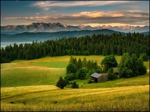 Widok na dom i pola na tle gĂłr