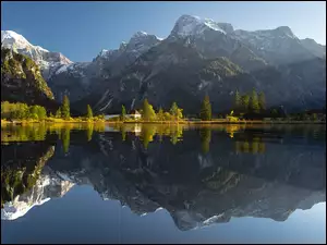 Jezioro, Lake Almsee, Austria, Góry, Odbicie, Dom, Drzewa