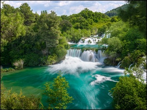 Wodospad, Kaskada, Rzeka Krka, Chorwacja, Drzewa, Park Narodowy Krka