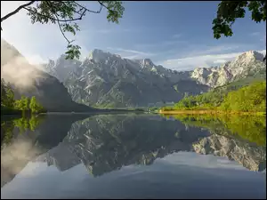Jezioro, Góry, Drzewa, Austria, Almsee, Odbicie