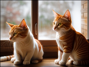 Dwa biaĹo-rude koty na parapecie przy oknie