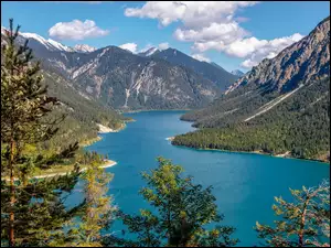 Jezioro, Góry, Drzewa, Austria, Plansse, Sosny
