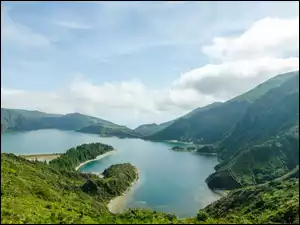 Lagoa do Fogo, Góry, Portugalia, Jezioro, Azory, Drzewa, Chmury
