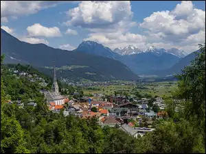 Alpy Lechtalskie, Domy, Austria, Góry, Imst, Miasto, Drzewa