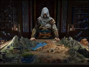 Postać w kapturze przy makiecie z gry Assassins Creed Codename Jade