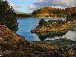 Aoos Lake, Grecja, Jezioro, SkaĹy, Drzewa