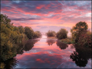 River Stour, Drzewa, Anglia, Rzeka, Odbicie, Chmury, MgĹa