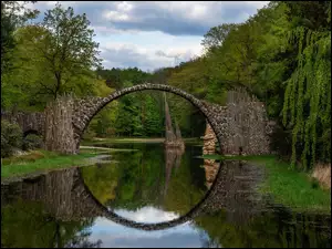 Jezioro Rakotz, Niemcy, Kamienny, Drzewa, Saksonia, Most Ĺukowy, Chmury, Park RododendronĂłw Kromlau
