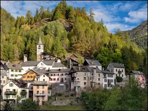 Kanton Ticino, Domy, KoĹciĂłĹ, Alpy, GĂłra, Drzewa, JesieĹ, Wioska Fusio, Doliny Maggia, Lugano, Val Lavizzara, Las, Szwajcaria, WieĹźa