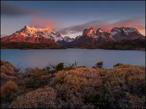 JesieĹ, Chile, Torres del Paine, RoĹlinnoĹÄ, Patagonia, Jezioro, Park Narodowy Torres del Paine, GĂłry