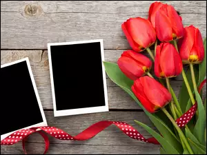 Czerwone tulipany z wstążką i kartkami