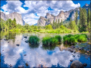 Chmury, Stan Kalifornia, Góry Sierra Nevada, Rzeka Merced, Drzewa, Park Narodowy Yosemite, Zielona, Stany Zjednoczone, Trawa