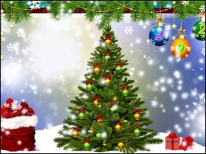 Nowy Rok, Boże Narodzenie, Prezenty, Grafika, Choinka, Bombki