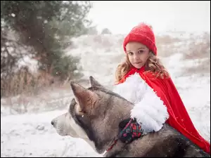 Dziewczynka czerwony kapturek z psem Siberian husky przy zimowym lesie