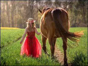 Dziewczynka prowadzi konia przez pole