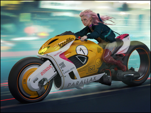 Kobieta na motocyklu w grze Cyberpunk 2077