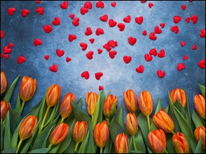 Czerwone serduszka ułożone nad tulipanami