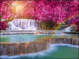 Kolorowe, Laos, Kuang Si Falls, Drzewa, Prowincja Louangphrabang, Kaskady, Tęcza, Wodospad