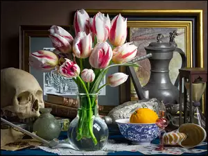 Bukiet tulipanów obok czaszki
