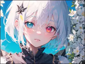 Oczy, Kwiaty, Heterochromia, Dziewczyna, Anime