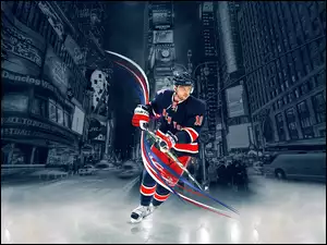 Hokeista z amerykańskiego klubu hokejowego New York Rangers na tle miasta