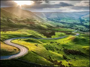 Wzgórze Mam Tor, Droga, Anglia, Wzgórza, Derbyshire, Wyżyna Peak District, Łąki