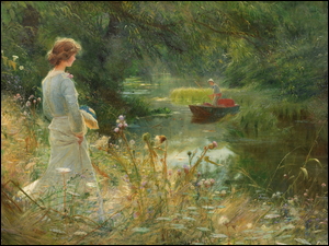Kobieta spoglądająca z brzegu rzeki na mężczyznę na łódce