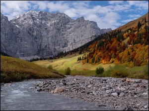 Góry, Jesień, Kamienie, Drzewa, Potok, Kolorowe