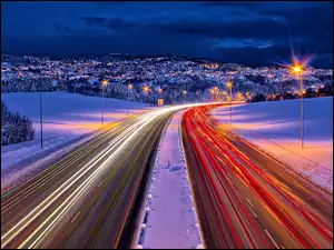 Droga, Zima, Trondheim, Norwegia, Panorama, Nocą